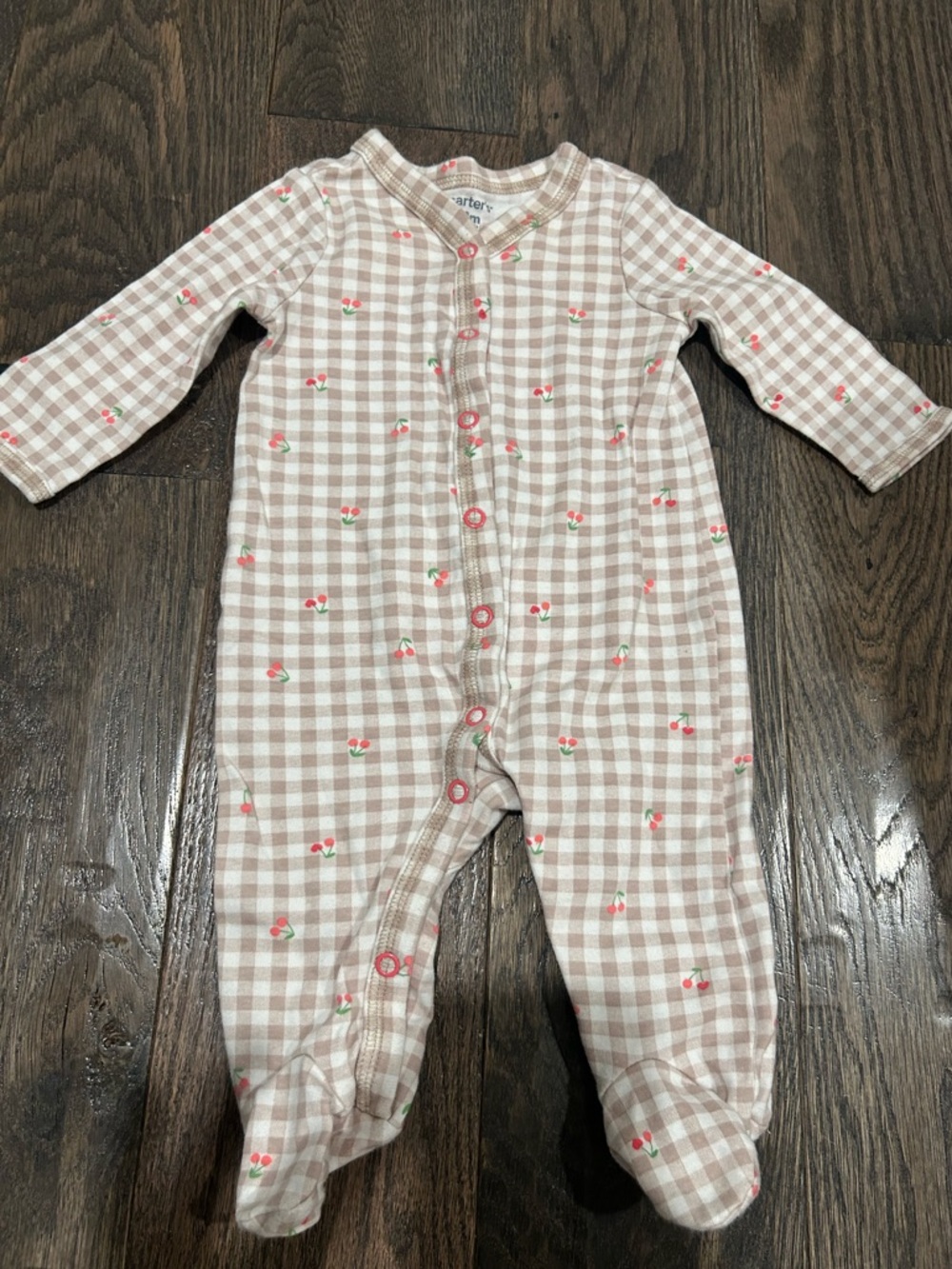 Carter's Beige Gingham Footed One-Piece with Pink Cherry Print 3 months